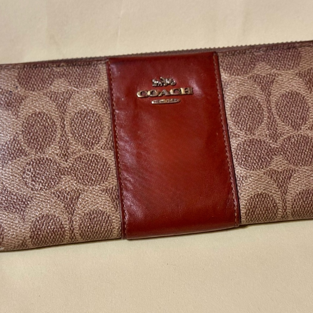 Coach Signature Brown and Tan Zip Wallet